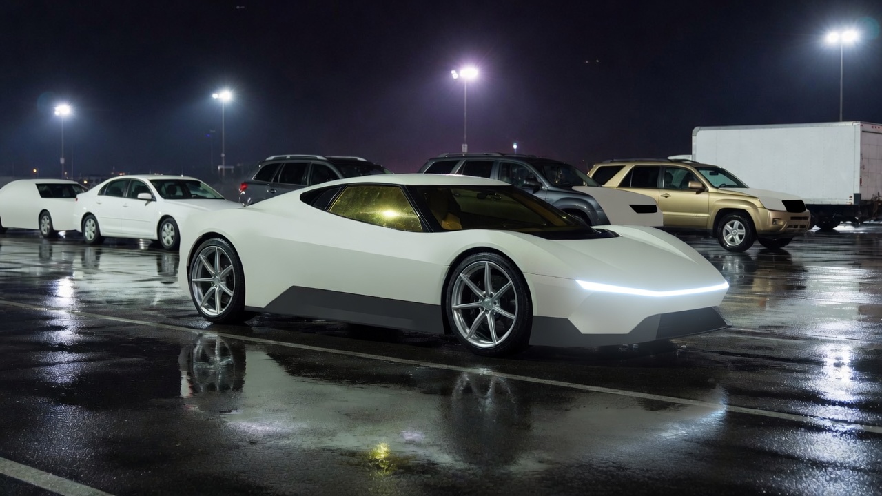 A pearl-white wedge sports car on wet asphalt at night, with parked vehicles behind it